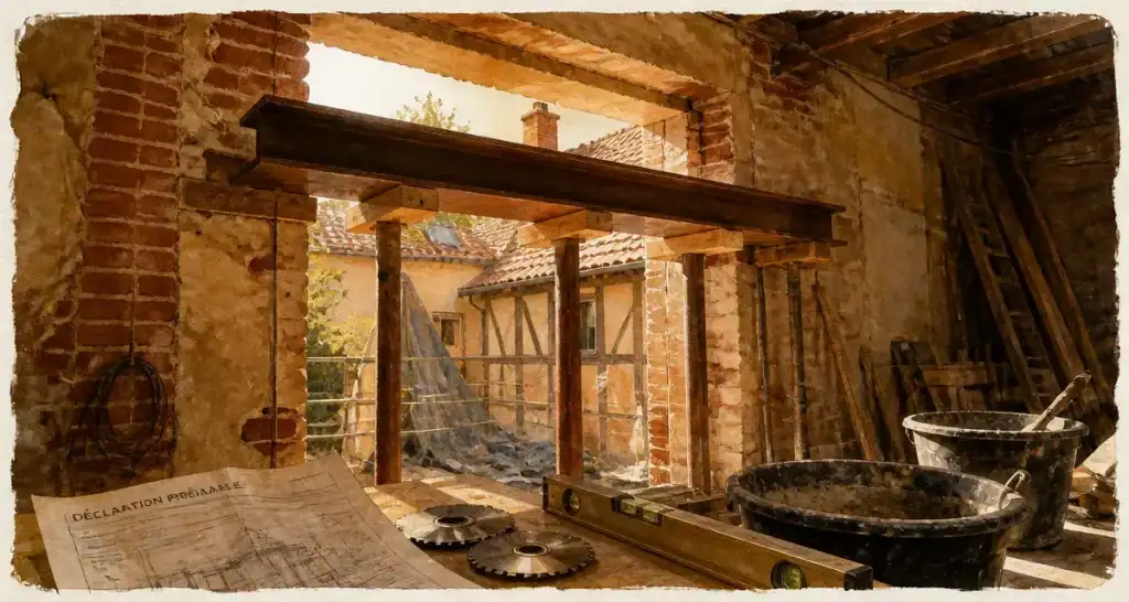 Agrandir fenetre : pose linteau IPN sur chantier