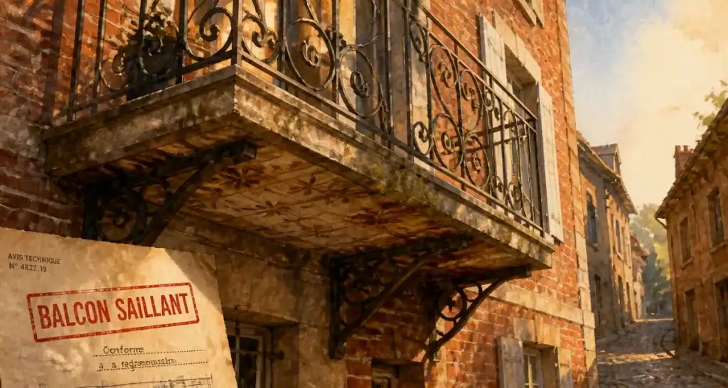 Balcon saillant : vue en contre-plongée, dalle en porte-à-faux et garde-corps
