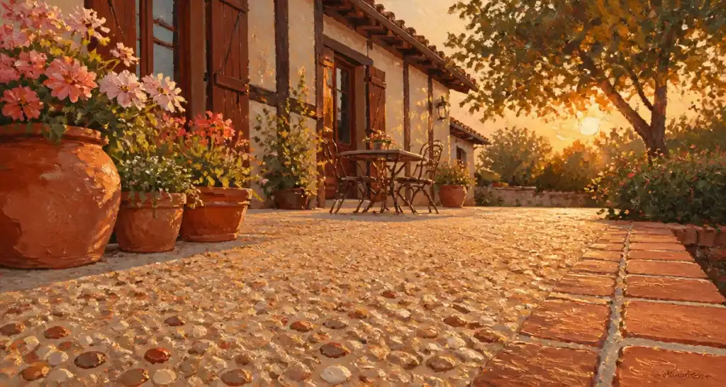 beton lavé terrasse avec granulats et pots fleurs