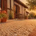 beton lavé terrasse avec granulats et pots fleurs