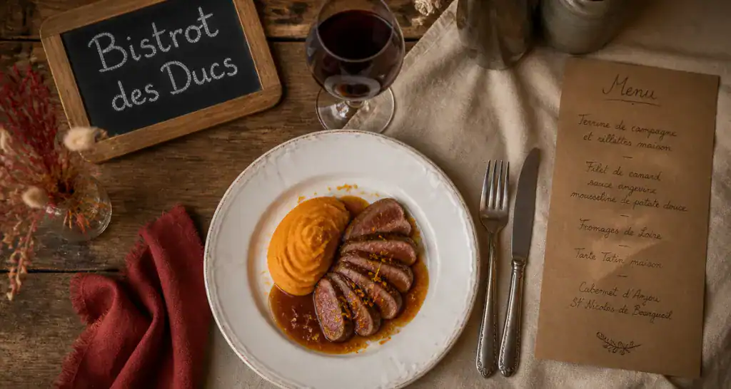 bistrot des ducs assiette canard et vin rouge