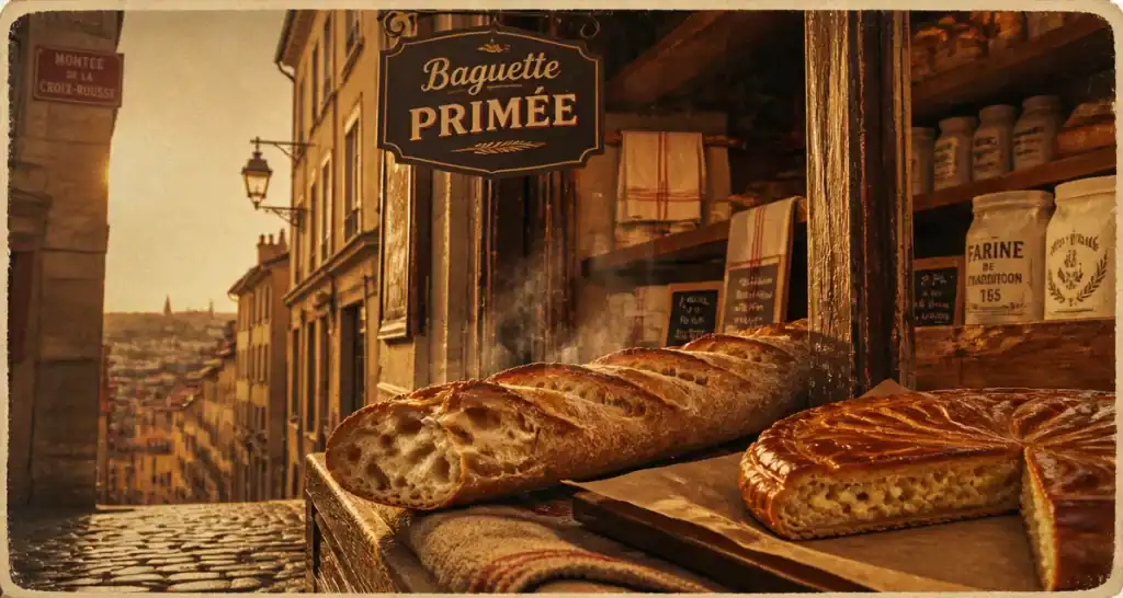 Boulangerie des canuts à Lyon : baguette fumante et galette dorée du Rhône