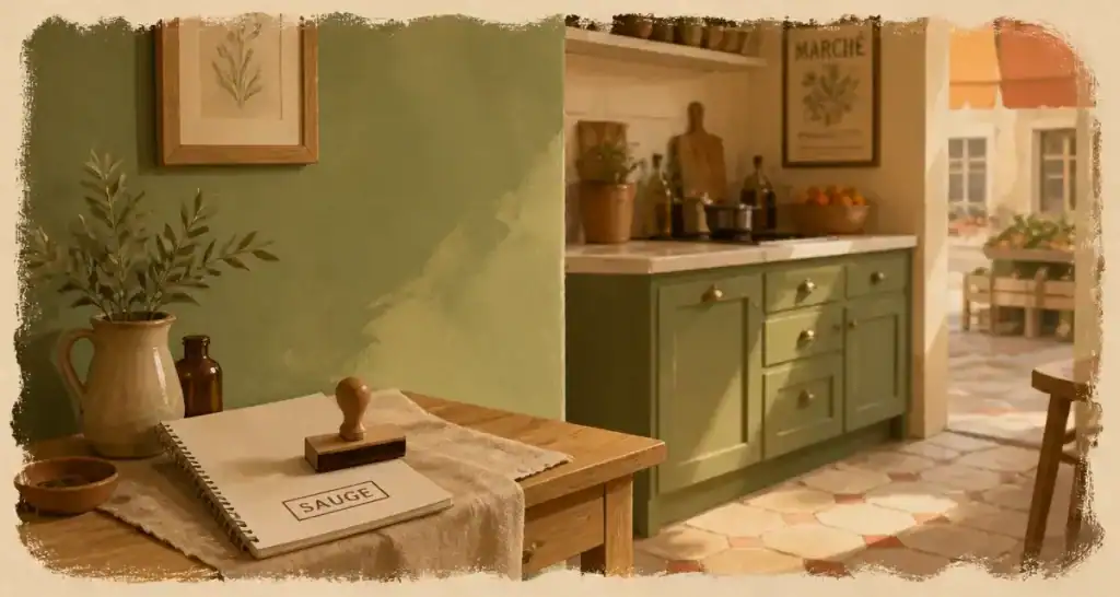 Couleurs vert sauge en cuisine, palette crème pêche brique et bruns