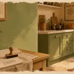 Couleurs vert sauge en cuisine, palette crème pêche brique et bruns