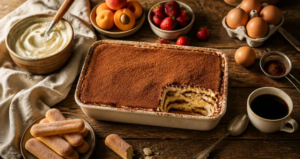 dessert mascarpone tiramisu sur table en bois