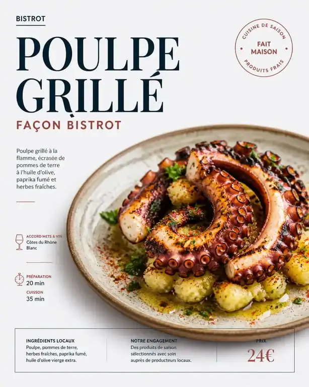 Plat signature poulpe grillé au restaurant Bistrot O Prado à Marseille