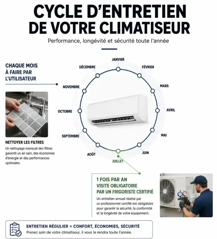 Infographie du calendrier d'entretien climatiseur : étapes DIY et maintenance professionnelle