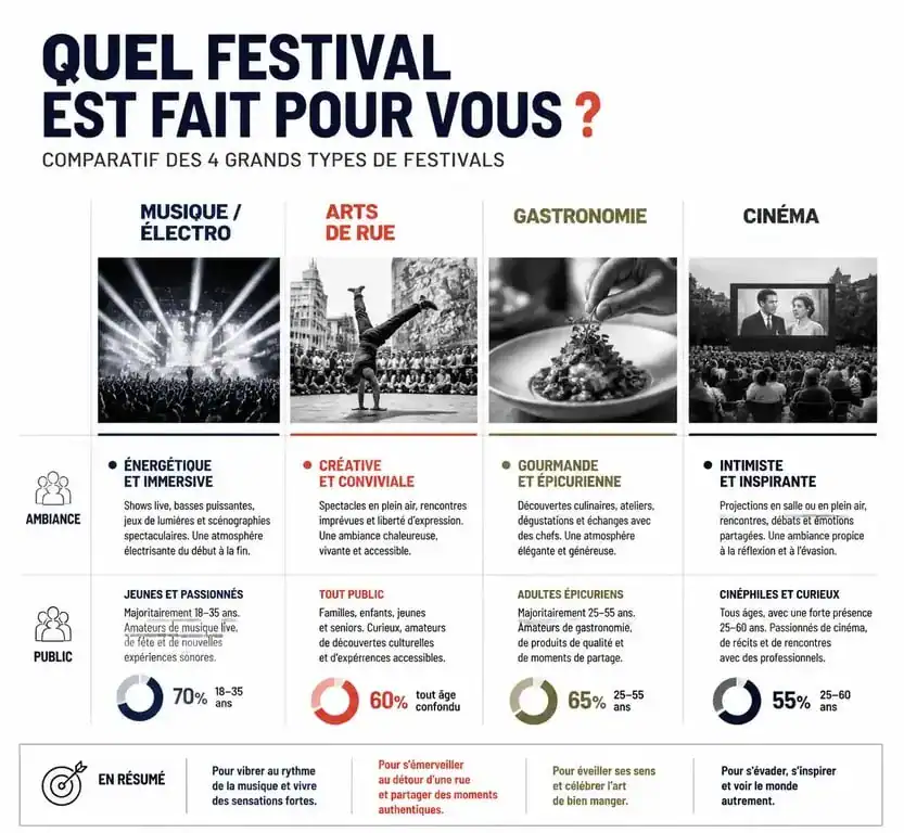 Infographie comparative des différents types de festivals pour aider à choisir sa sortie du week-end