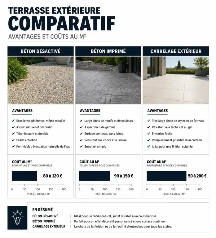 Infographie comparative des coûts et avantages pour une terrasse en béton désactivé par rapport au carrelage et béton imprimé