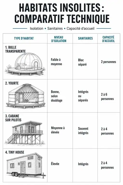 Infographie comparative des caractéristiques techniques des différents habitats insolites