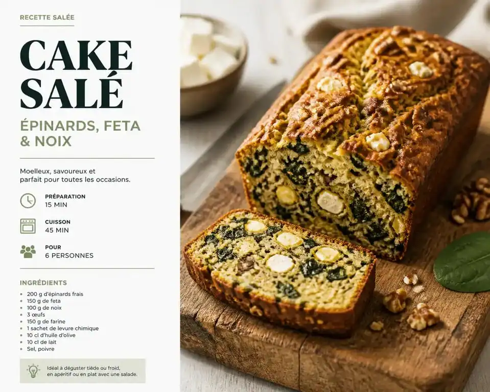 Cake salé feta, épinards et noix, une recette salée gourmande et facile à réaliser.