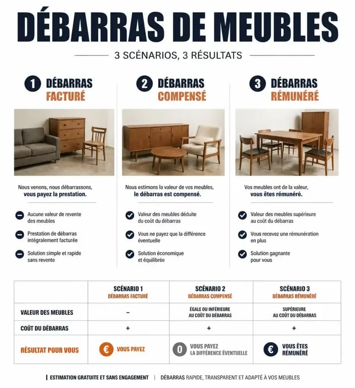 Infographie explicative des trois scénarios financiers pour un débarras de meuble : facturé, compensé ou rémunéré.
