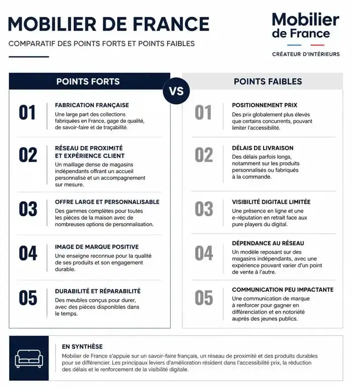 Infographie récapitulative des avis sur Mobilier de France : qualité, service après-vente et délais de livraison.