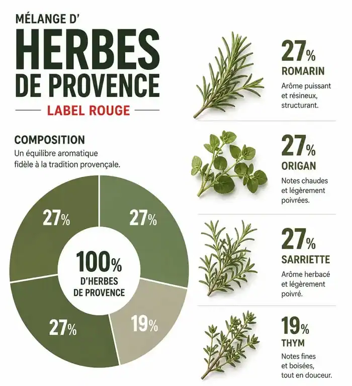 Composition du mélange d'herbes de Provence Label Rouge : proportions de romarin, origan, sarriette et thym.