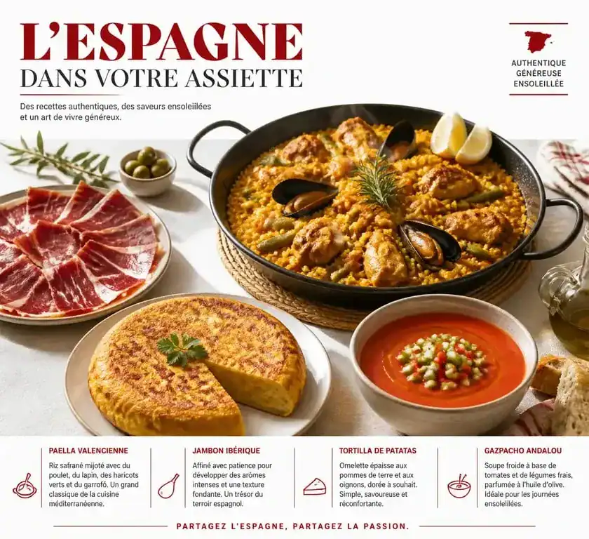 Sélection de plats espagnols emblématiques incluant paella, jambon ibérique et tortilla