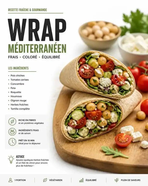 Wrap méditerranéen frais et coloré, exemple de snacking sain pour la restauration
