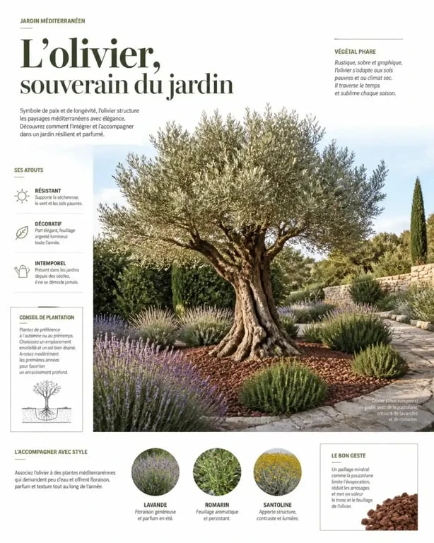 Aménagement d'un olivier dans un jardin avec paillage minéral et plantes méditerranéennes