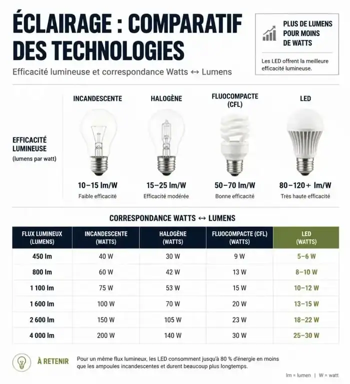 Comparatif des ampoules économiques : équivalence entre puissance en Watts et flux lumineux en Lumens
