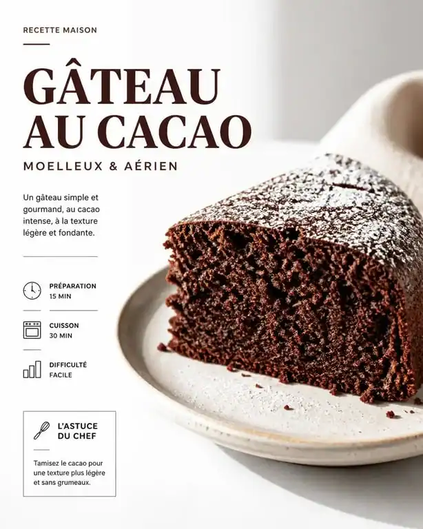 Gâteau au cacao moelleux et aérien, recette simple et rapide