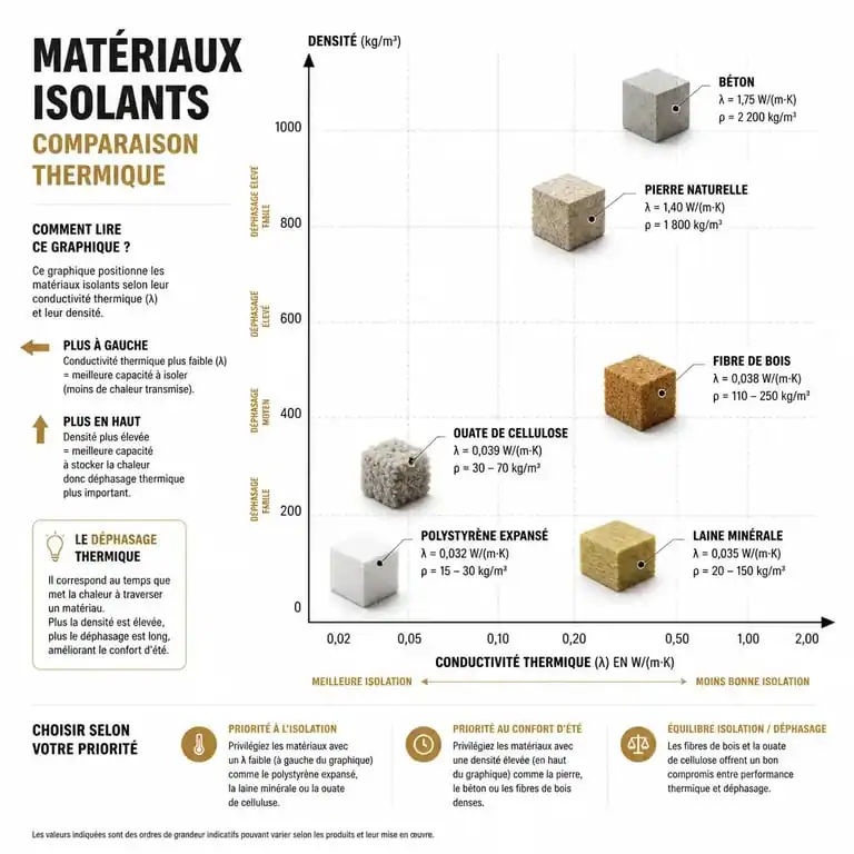 Infographie comparative des isolants thermiques : lambda et déphasage pour choisir le meilleur isolant thermique