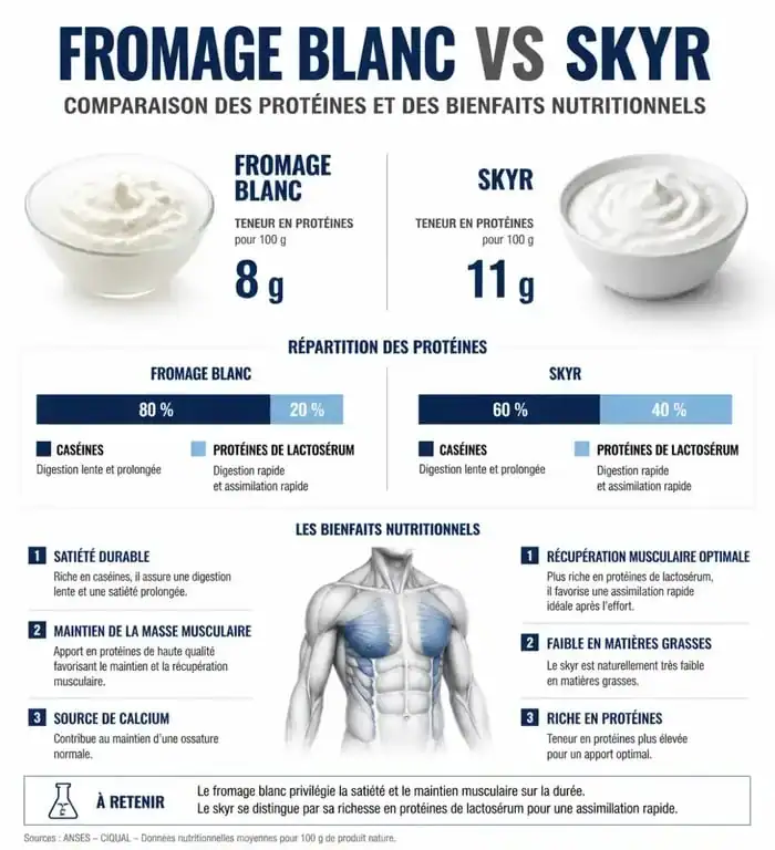 Infographie comparative des bienfaits nutritionnels et de la teneur en protéines du fromage blanc protéiné par rapport au skyr.