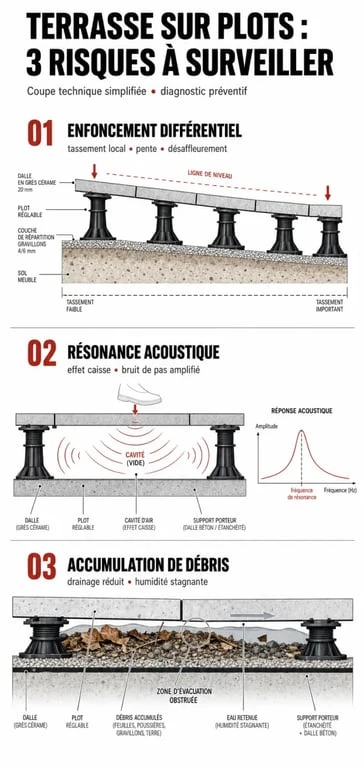 Schéma des inconvénients d'une terrasse sur plots : risques d'enfoncement, acoustique et entretien