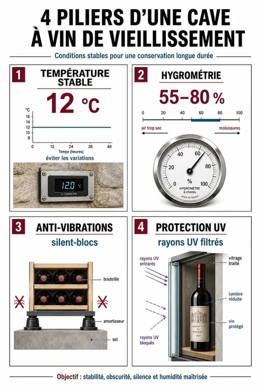 Infographie des critères techniques pour choisir la meilleure cave à vin de vieillissement
