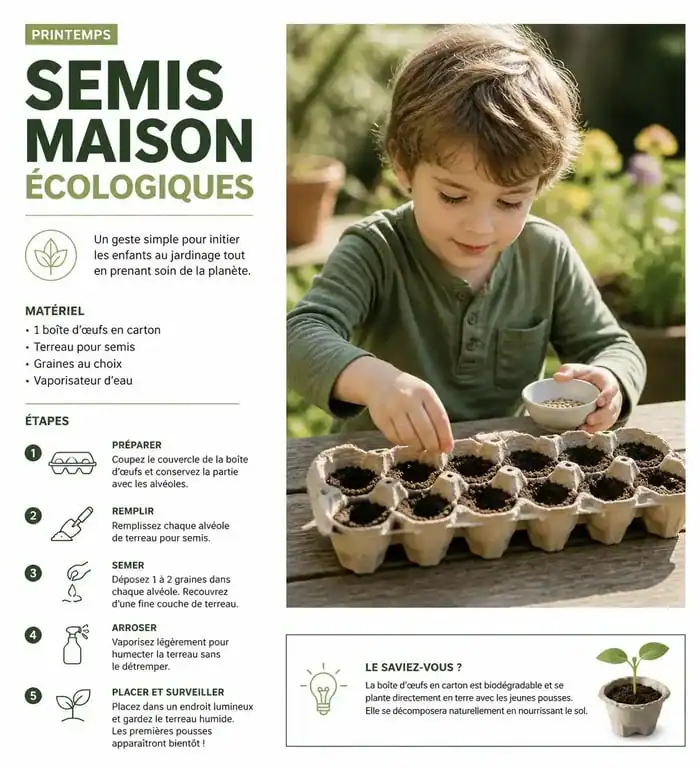 Enfant réalisant une activité printemps de jardinage avec des semis dans une boîte d'œufs recyclée