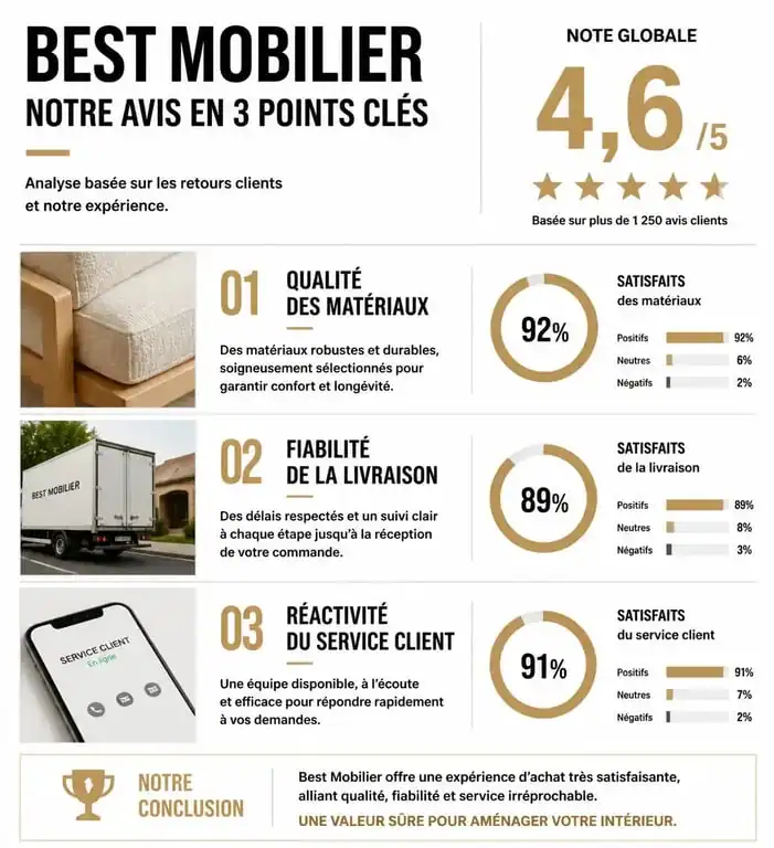 Infographie récapitulative des avis sur Best Mobilier : qualité, livraison et service client