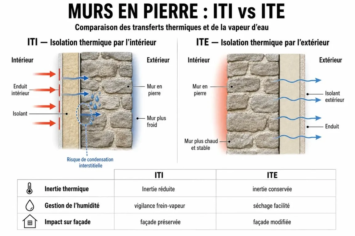 Infographie comparative pour isoler un mur en pierre : ITI vs ITE