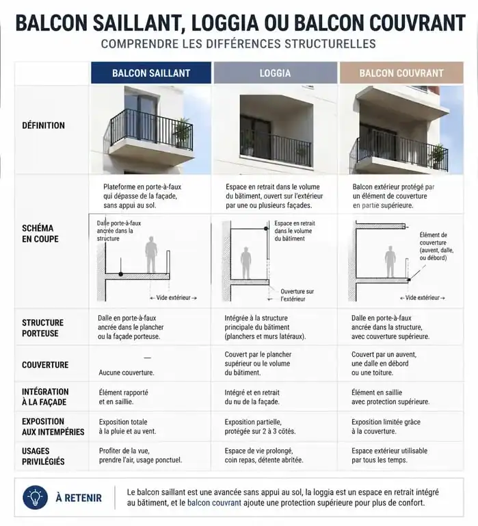 Infographie comparative des types de balcons : balcon saillant, loggia et balcon couvrant