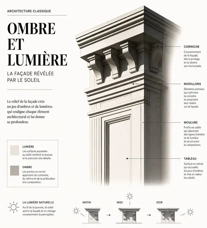 Illustration conceptuelle de la modénature architecturale montrant le jeu d'ombres et de lumières sur une façade