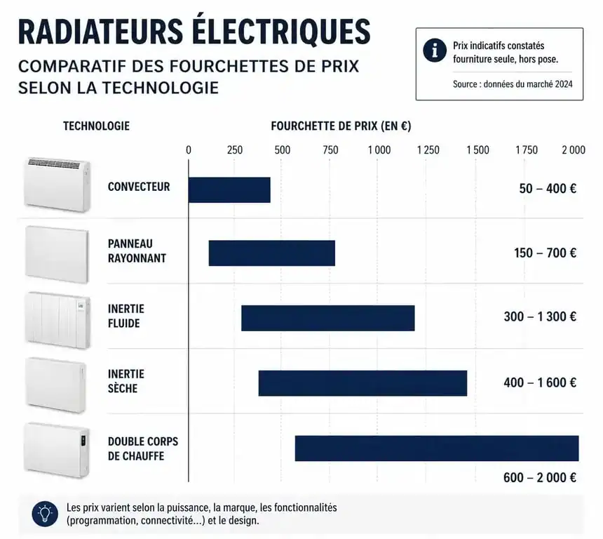 Comparatif des prix des radiateurs électriques par technologie pour estimer son budget chauffage