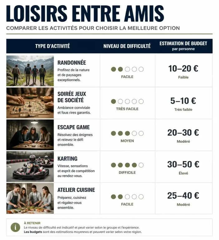 Tableau comparatif des idées de sortie entre amis originale : budget et niveau de difficulté des activités