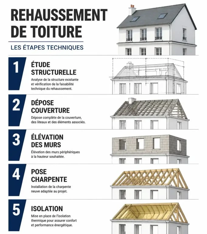 Infographie des étapes clés du rehaussement de toiture pour gagner de l'espace habitable