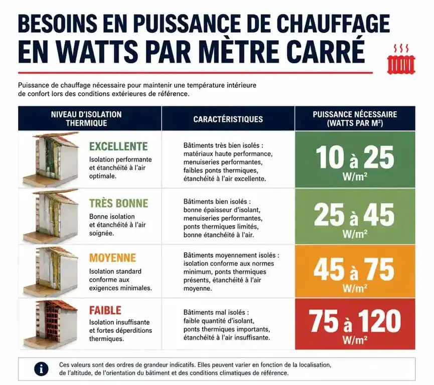Tableau récapitulatif de la puissance de radiateur nécessaire par m2 selon le niveau d'isolation du logement