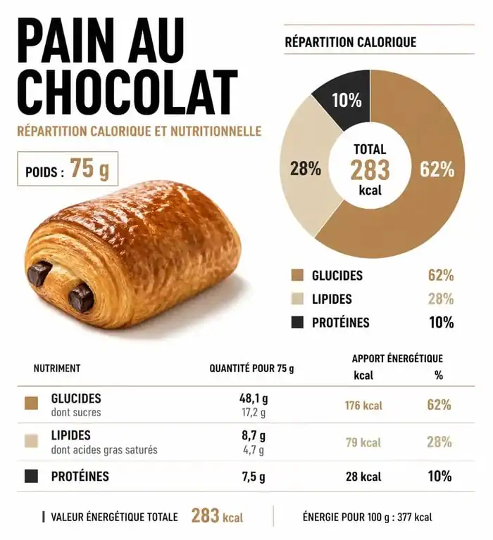 Infographie nutritionnelle comparant les calories et macronutriments d'un pain au chocolat de boulangerie
