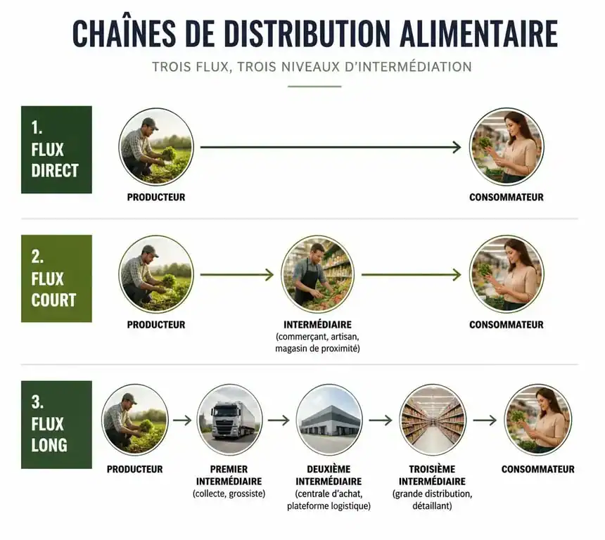 Schéma explicatif des différences entre vente directe, circuit court et circuit long dans le secteur agricole