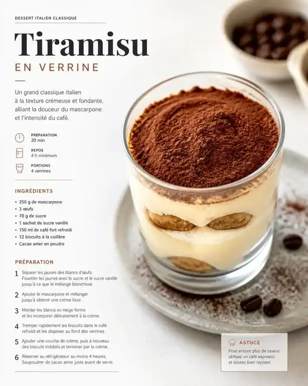 Tiramisu traditionnel italien onctueux, dessert au mascarpone fait maison