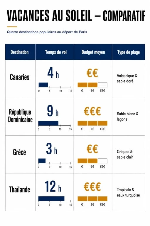Infographie comparative des destinations pour des vacances au soleil : temps de vol, budget et types de plage.