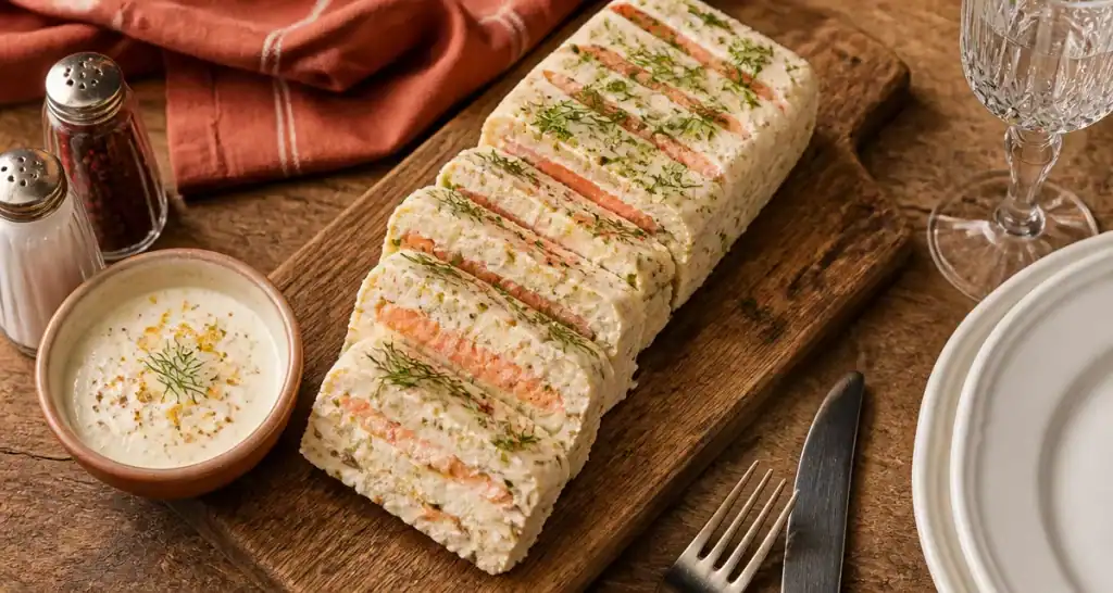 Entrees froides : terrine marine de deux poissons, rubans de saumon et aneth
