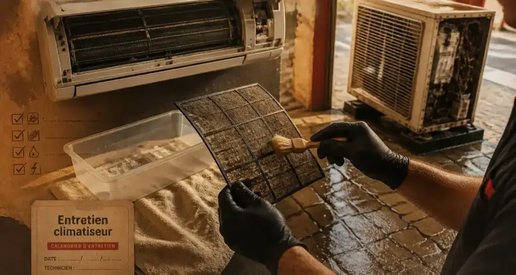 Entretien climatiseur : technicien nettoie un filtre et l’unité split