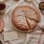 gateau poudre d'amande doré sur table en bois