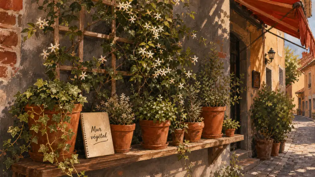 Idee pour cacher un mur exterieur : mur végétal avec lierre sur treillis
