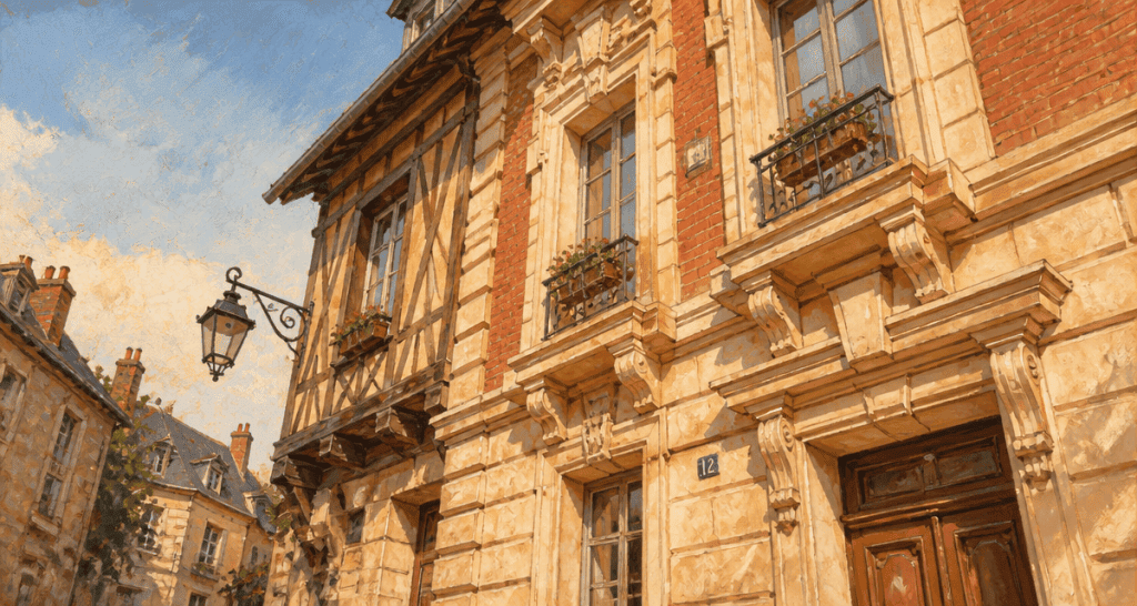modénature sur façade ancienne en lumière dorée