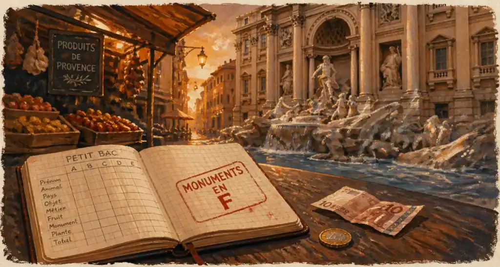 Monument en F : carnet de Petit Bac sur une ruelle, vue de monument