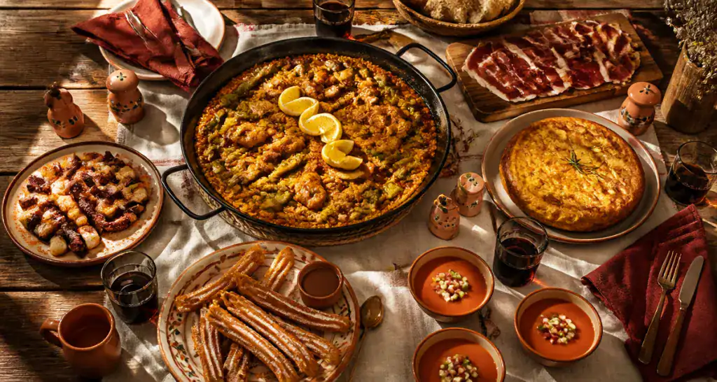 plats espagnols variés sur table rustique