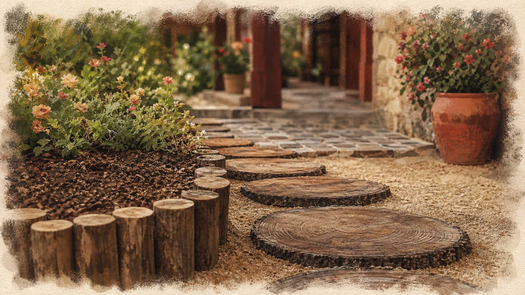 Pas japonais en rondins de bois au jardin, pose durable sur sable