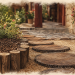 Pas japonais en rondins de bois au jardin, pose durable sur sable