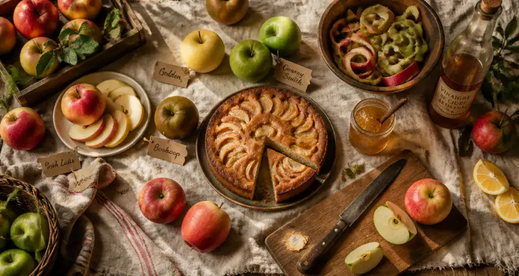 recette avec des pommes, variétés et gâteau sur table